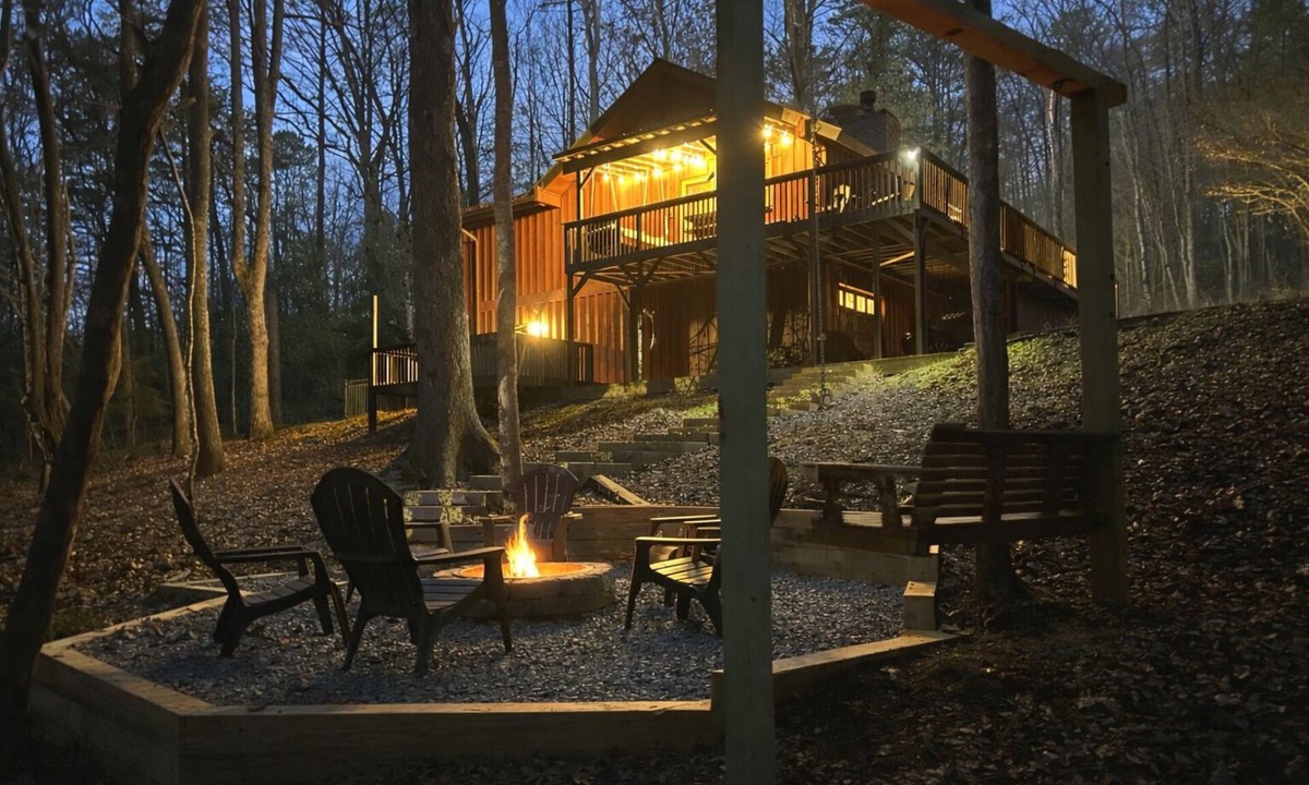 Ellijay Cabin | Backyard stream, Oversize Deck, close to town: Firepit, Hot tub, Games!