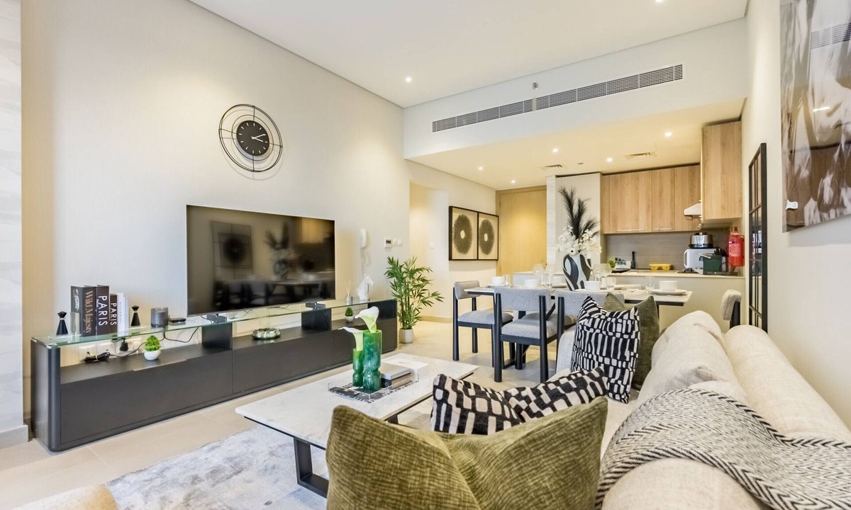 Al Barsha Apartment | Balcony-Facing Pool 2BR w/Asst Room, Minutes Walk to Park and Miracle Garden
