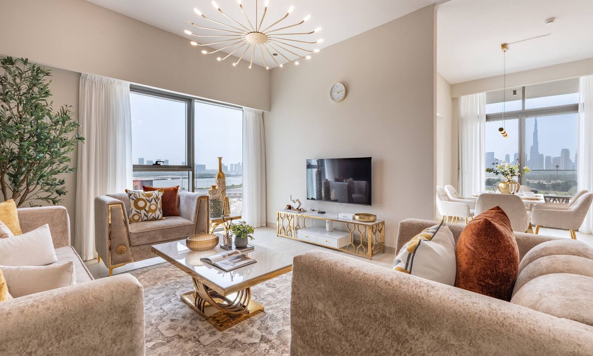 Jadaf Apartment | Balcony with Partial Creek Views and Glimpse of the Burj Khalifa