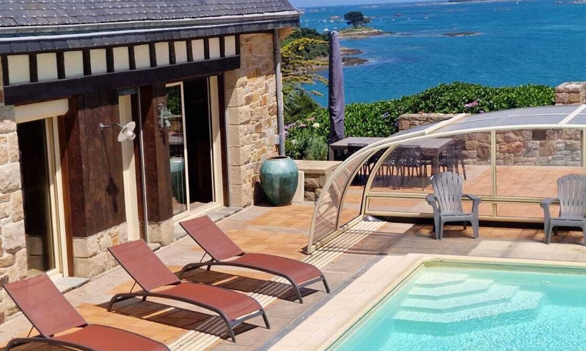 Lanmodez House | Beach view villa at the end of the garden covered swimming pool heated all year round