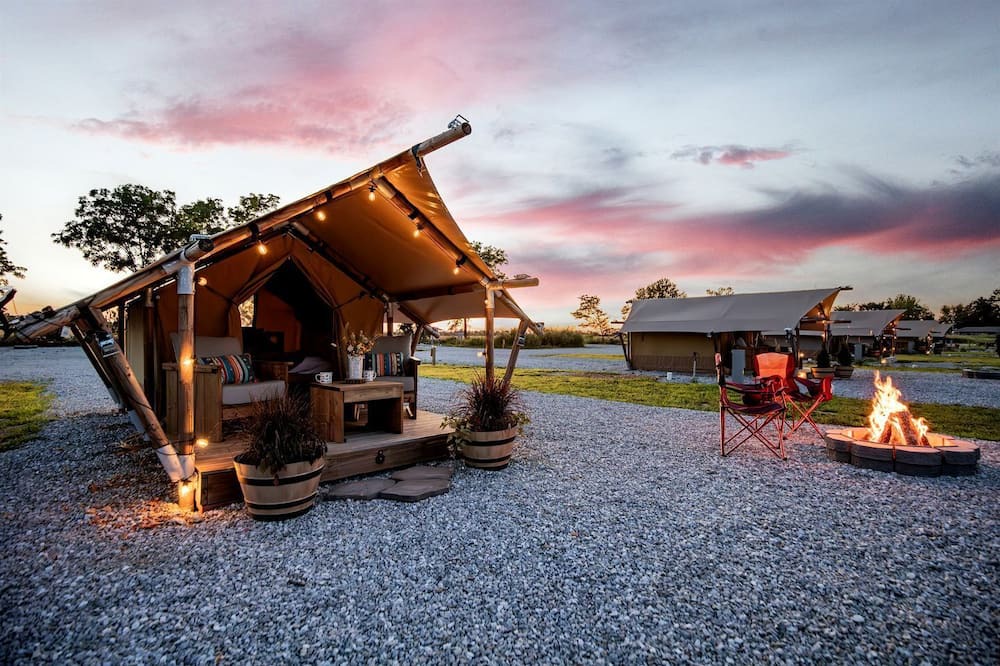 Cassville RV Rental | Comfortable Glamping Tent with Fire Pit and Stream Access Near Mark Twain National Forest in Missouri
