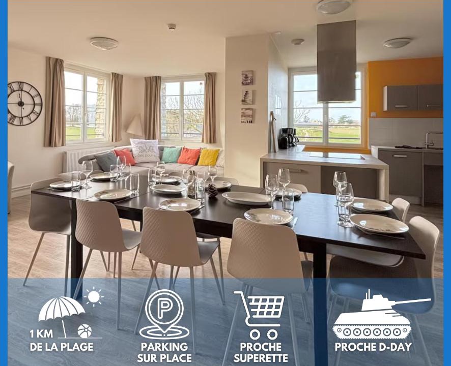 Vierville-sur-Mer Apartment | Les sables d'or Grand apt lumineux bien équipé 1er étage vue panoramique sur campagne près superette, à 600 m plage proche Omaha Beach et pointe du Hoc parking gratuit, garage à disposition