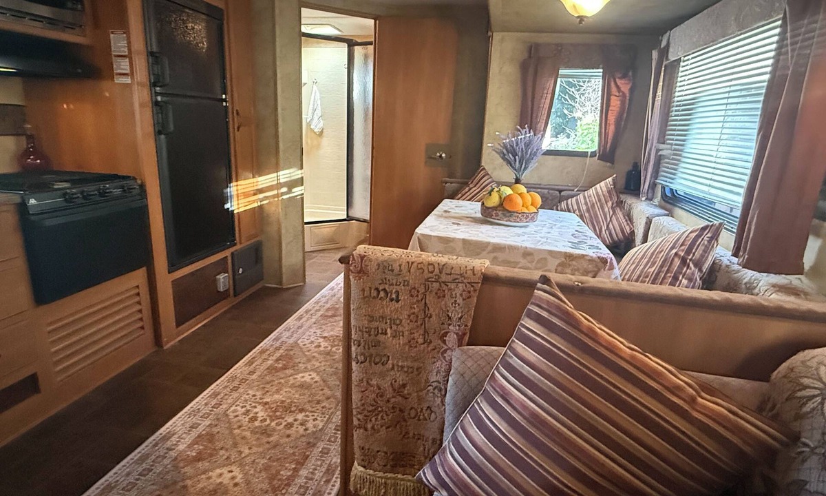 Ojai House | Ojai Pixie Suite unique warm, spacious contemporary trailer, down, silk decor