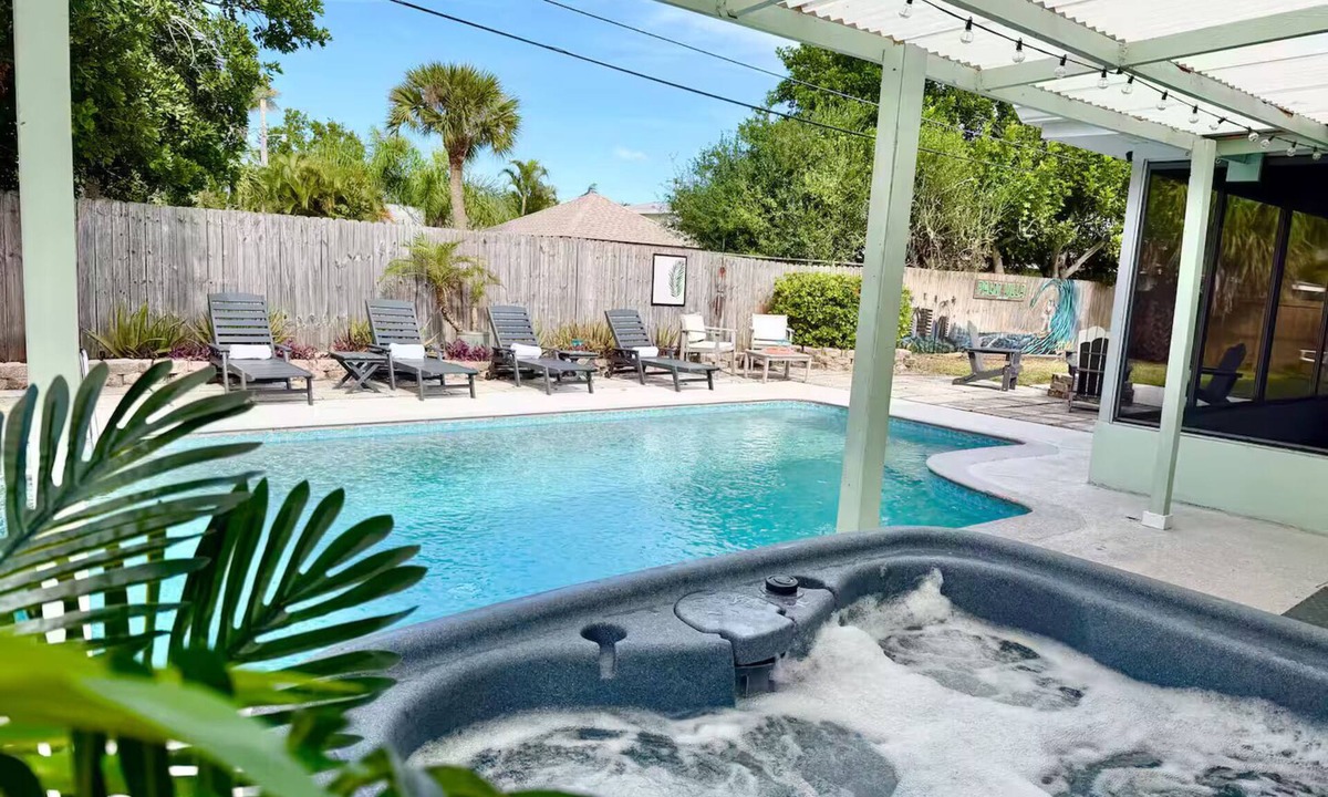 Indian Harbour Beach House | Palm Villa - 4 Bed, 2.5 Bath, Heated Pool, Hot Tub, Blocks to Beach, Sleeps 10+