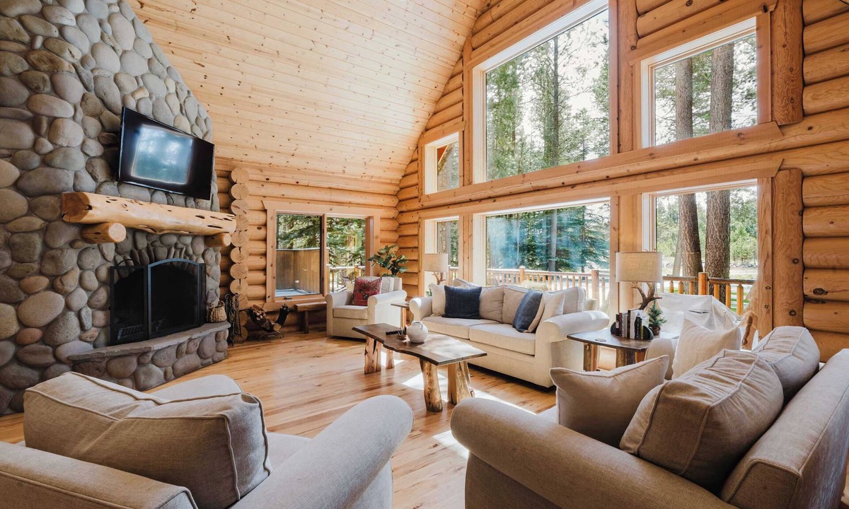 Three Rivers House | Riverfront log cabin style home with full kitchen, deck, washer & dryer and WIFI