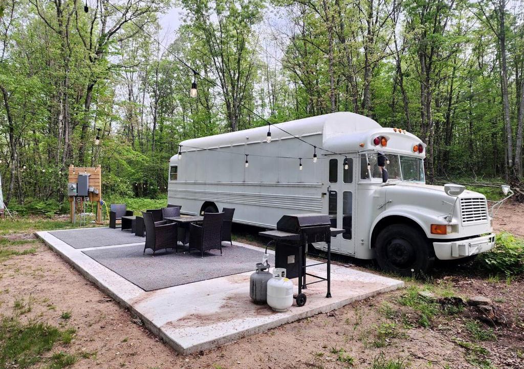 Bitely House | Rustic Converted School Bus with Outdoor Shower Near ORV Trails in Manistee National Forest, Michigan