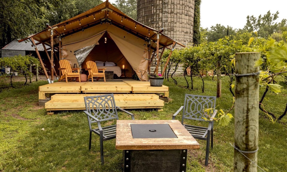 Currie RV Rental | Rustic Vineyard Glamping Tent with Wine Tastings near Lakes and Trails in Currie, Minnesota