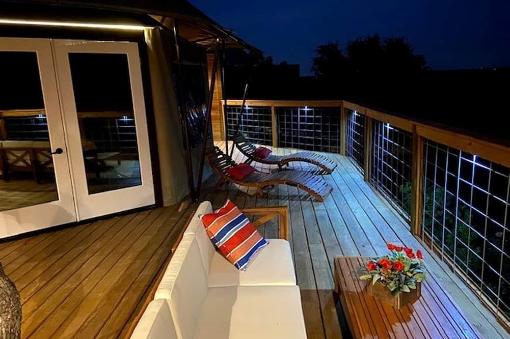 Oatmeal RV Rental | Scenic Hill Country Safari Tent Retreat with Hot Tub near Lake Travis in Marble Falls, Texas