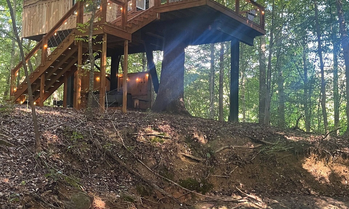 Shelby Cabin | Secluded creekside treehouse cabin in Shelby with hot tub, AC, WiFi