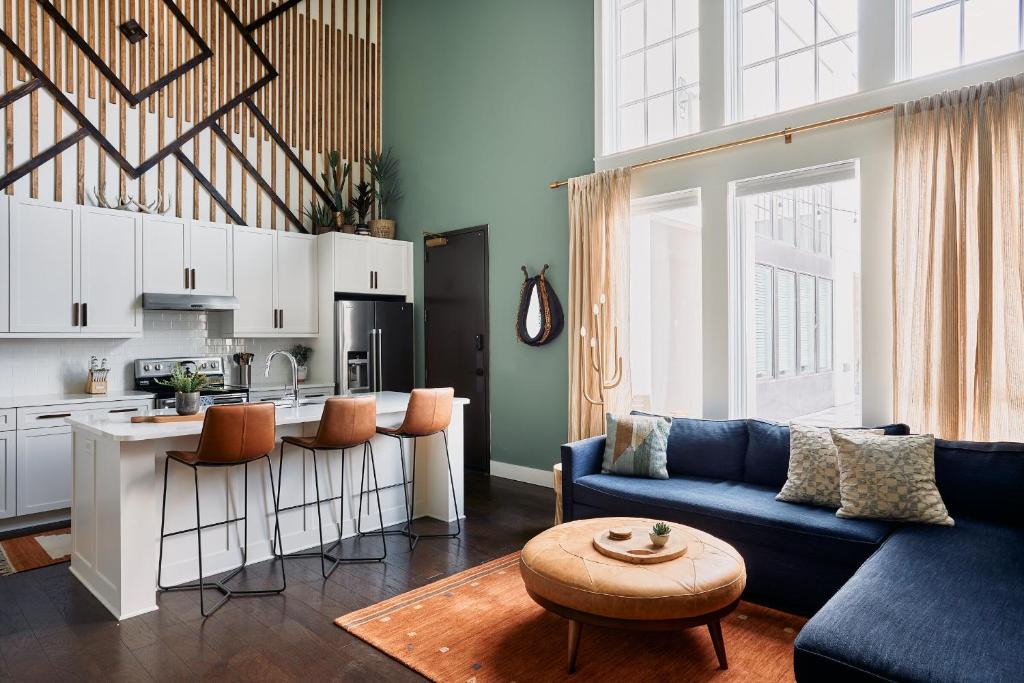 Nashville Apartment | Soaring Ceilings & King Beds Overlooking Courtyard, 1 of 7 Themed Lofts at Cowrite, Find Coffee and Tacos Downstairs, Complimentary Spin Class, Walk to Shopping in 12 South, 10 Minutes to Broadway, Parking, 24 Hr Hospitality