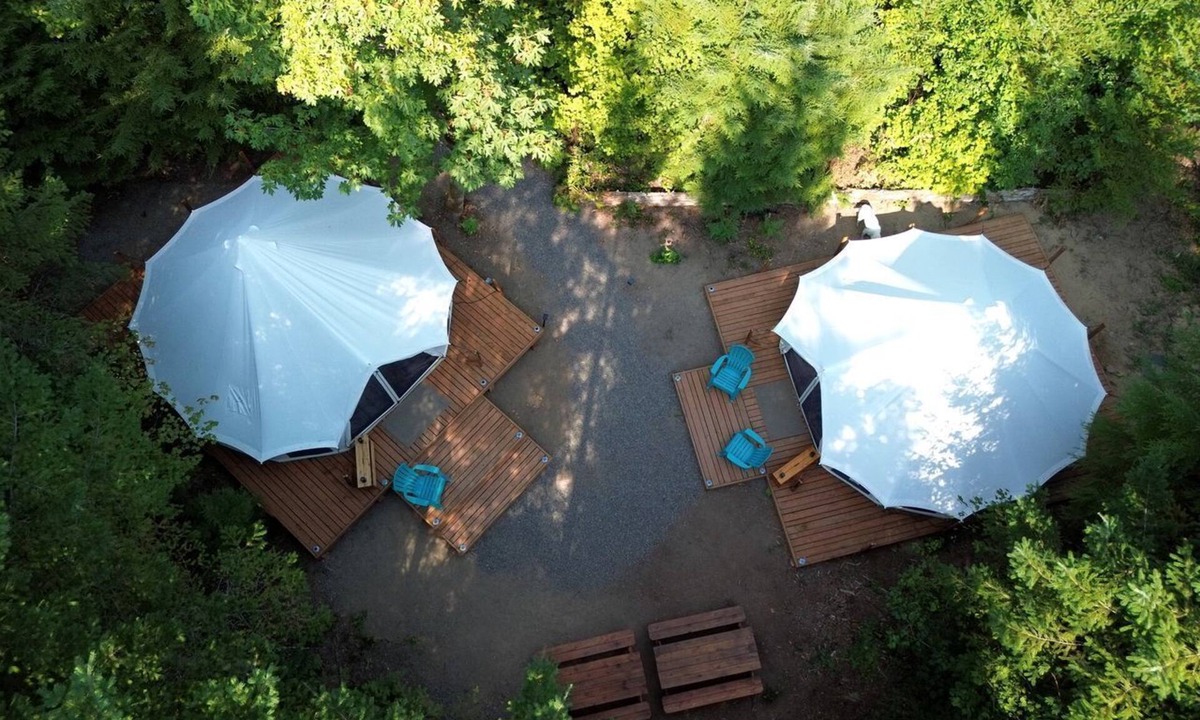 Carson RV Rental | Spacious Dual Bell Tent Glamping Retreat with Forest Deck near Carson, Washington