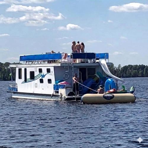 Babbitt Boat Rental | Spacious Luxury Houseboat with Waterslide and Dual Bathrooms Near Babbitt, MN