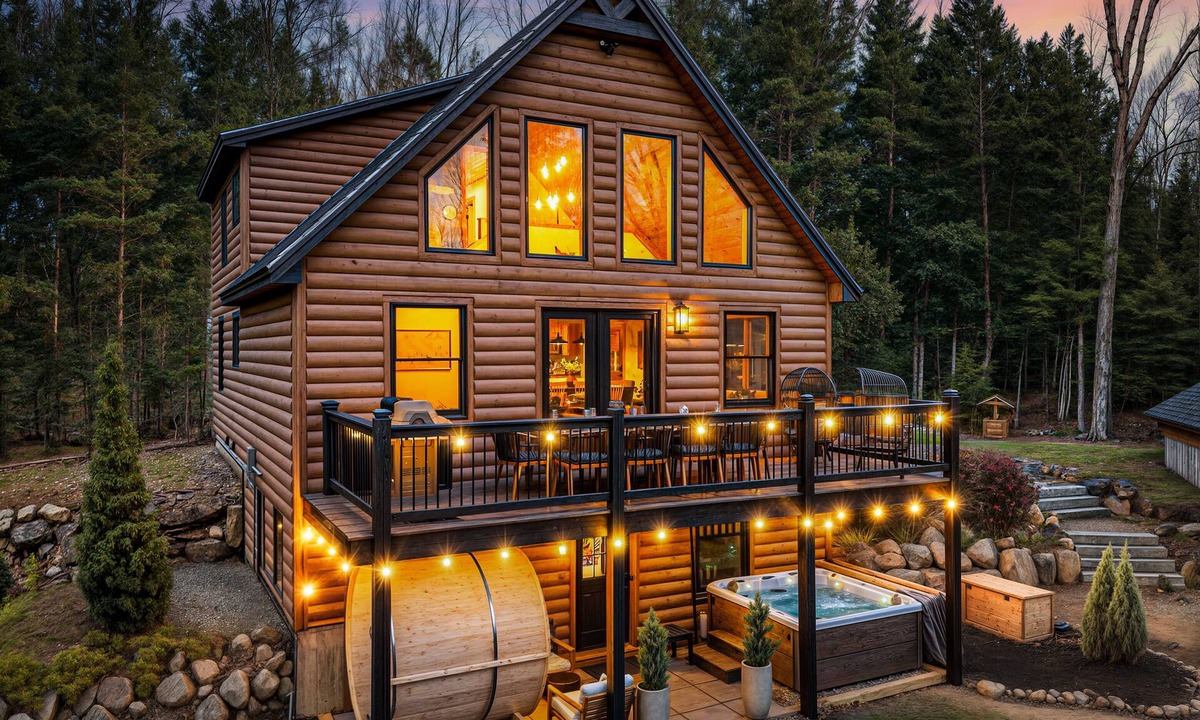 Sunday River Area Cabin | Wellness Retreat ~Hot Tub ~Sauna ~Yoga ~Theater ~Firepit ~15min to Sunday River