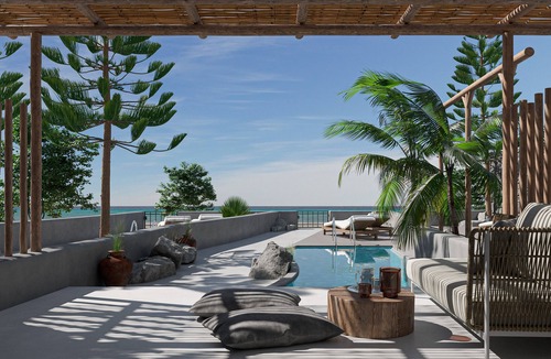 Perivolos Apartment | Apocalypsis Suite | walk out Sea View patio with Private Heated Pool
