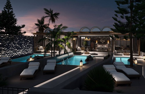 Perivolos Apartment | Apocalypsis Suite | walk out Sea View patio with Private Heated Pool