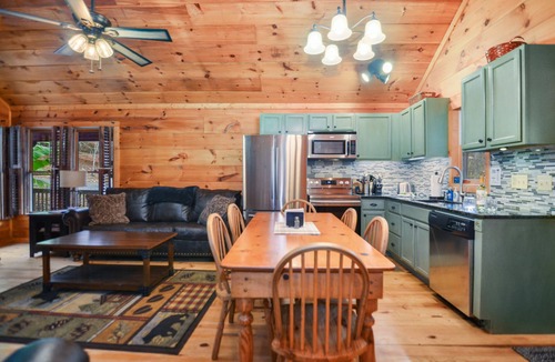 Ellijay Cabin | Backyard stream, Oversize Deck, close to town: Firepit, Hot tub, Games!
