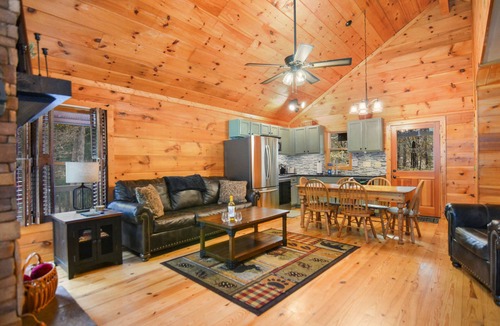 Ellijay Cabin | Backyard stream, Oversize Deck, close to town: Firepit, Hot tub, Games!