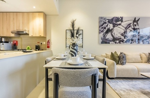 Al Barsha Apartment | Balcony-Facing Pool 2BR w/Asst Room, Minutes Walk to Park and Miracle Garden