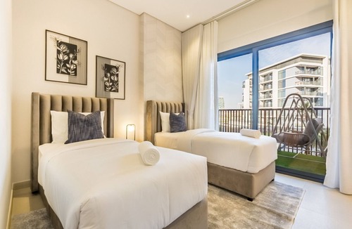 Al Barsha Apartment | Balcony-Facing Pool 2BR w/Asst Room, Minutes Walk to Park and Miracle Garden