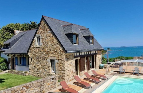 Lanmodez House | Beach view villa at the end of the garden covered swimming pool heated all year round