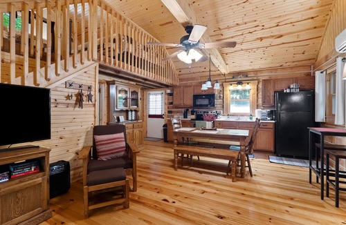 Birdseye Cabin | Charming cabin that has beds for 8 guests, hot tub, electric fireplace, firepit