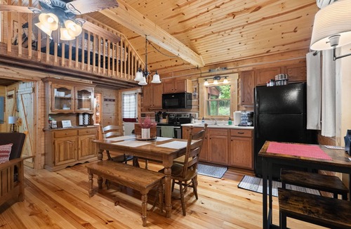 Birdseye Cabin | Charming cabin that has beds for 8 guests, hot tub, electric fireplace, firepit