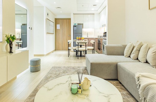 Nad Al Sheba Apartment | Chic 2BR with Partial Burj Khalifa View