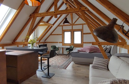 Cortendorf Apartment | Exclusive studio apartment with roof terrace and view of the Veste in the Cortendorfer Stadel