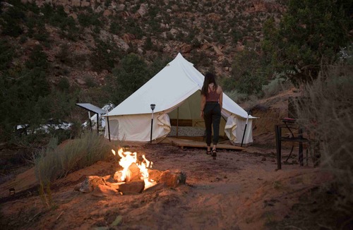 Hildale RV Rental | Heated/cooled king size glamping tent at Zion View Camping!