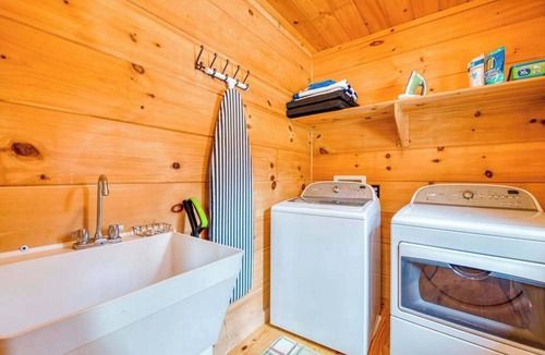 Mills River House | Lakefront Cabin & Cozy Lakeview Cottage: firepit, wet bar, dock
