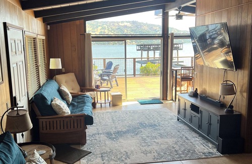 Clearlake House | Lakefront Cabin with A/C, Private Beach, Boat Launch & 180° Views of Clear Lake