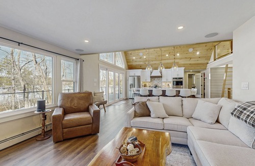 Gray House | Lakefront properties with private beach, hot tub, dock, kayaks, grill & firepit