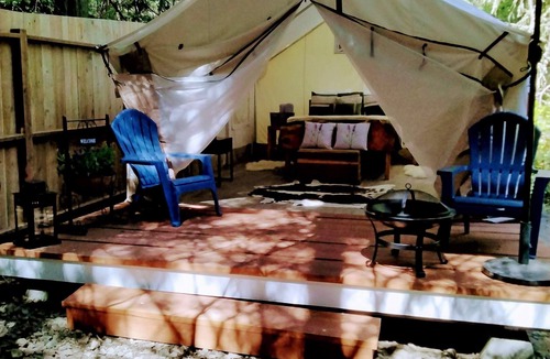 Sequim RV Rental | Lavender Glamping Tent with heater , mini fridge and fire pit.