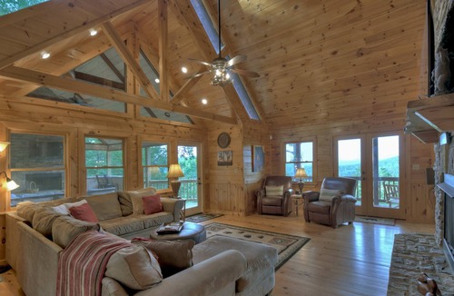 Raccoon Ridge Cabin | Majestic long range mountain views! Pet friendly! Bed & bath each level for privacy, gathering porch outdoor fireplace in Aska Adventure Area