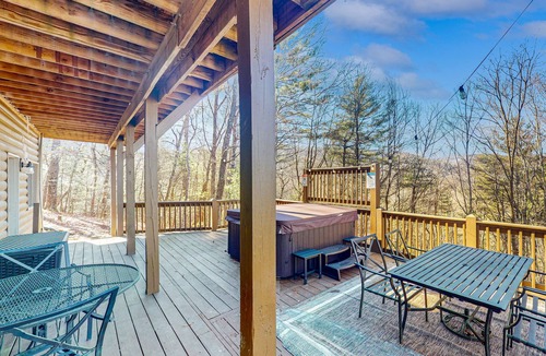 Cherry Log Cabin | Mountain view cabin with game tables, large deck, hot tub, fireplace, & AC