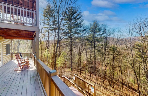 Cherry Log Cabin | Mountain view cabin with game tables, large deck, hot tub, fireplace, & AC