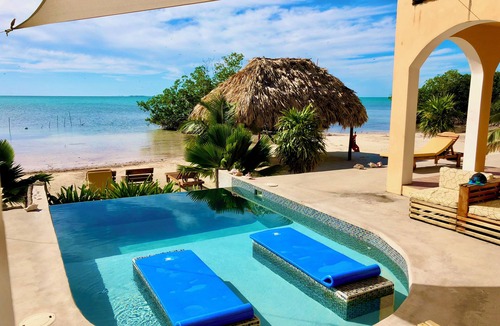 San Pedro Villa | Private Beachfront Villa 6BR Caribbean Beach Palapa Pool/Cook/Pier/Rooftop bar