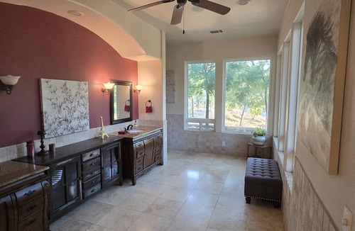 Sanger House | Private oasis with pool, outdoor bar, horses, river access & pyramid.