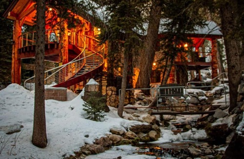 Sundance Cabin | Refined creekside retreat Barrel sauna overlooking the river Hot tub Firelit evenings Minutes to Sundance
