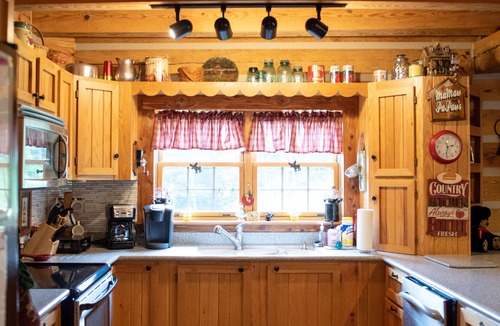 Luray Cabin | Rustic Log Lodge Overlooking Water and Mountain Views