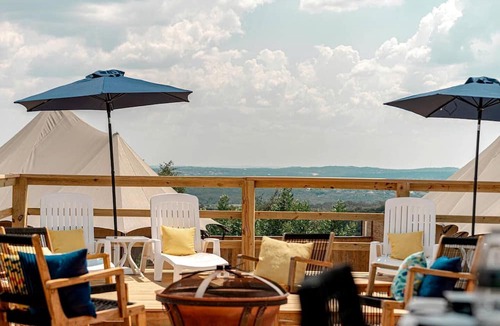 Oatmeal RV Rental | Scenic Hill Country Safari Tent Retreat with Hot Tub near Lake Travis in Marble Falls, Texas