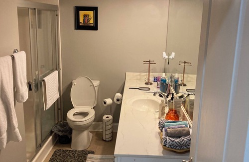Braselton Apartment | Spacious bedroom with closet, tv and full bed, along with apartment amenities.