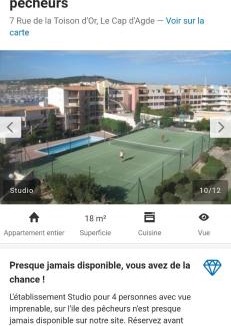 Cap d'Agde Apartment | Studio cabine île des Pêcheurs cap d'Agde Tennis