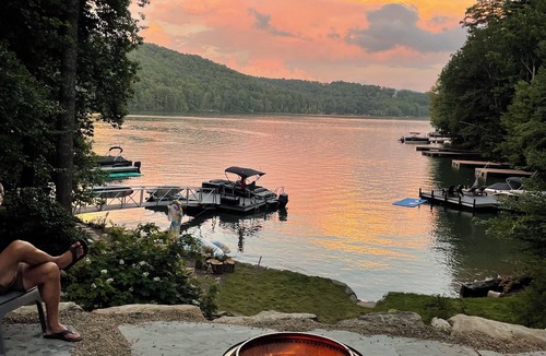 Cullowhee House | Stylish lakefront home with large flat yard, boat dock, hot tub & mountain view!