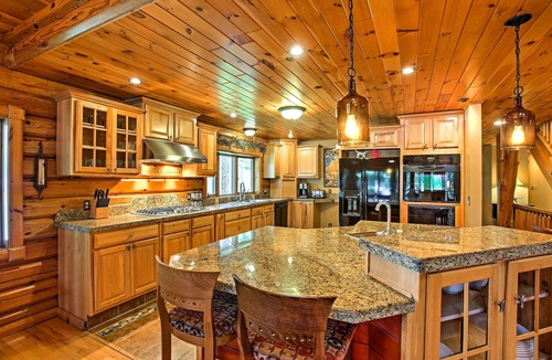 Branch House | Tranquil Lakefront Log Home with Fireplace, Private Dock and Hot Tub!