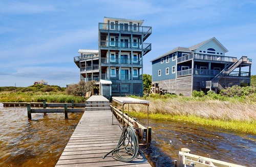 Buxton House | Waterfront house with private hot tub, pool, sound view, & AC - walk to dining