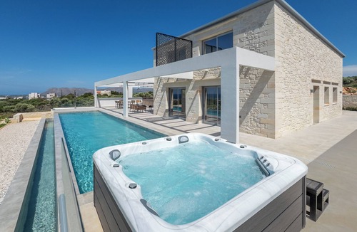 Chania Villa | White Stone Elegance with Pool, Jacuzzi & Golden Sunsets