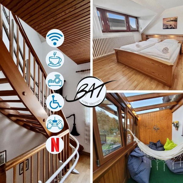 BAT Home Solutions Trier-Euren - alles was ein Hotel nicht bietet - 10 Min zur Altstadt - 98 qm Scheune für 9 Personen mit Sternenhimmel, Wintergarten, Grill und Kino - barrierefrei dank Lift & Auffahrt