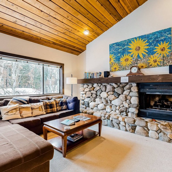 Charming condo with mountain views, fireplace, hot tub & deck