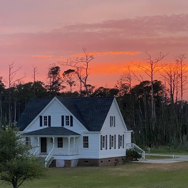 Core Sound Waterfront Cottage with boat ramp and dock on the property.